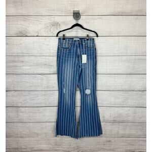 Cello Women's Blue Striped Distressed High Rise Flare Boho Jeans Size 7